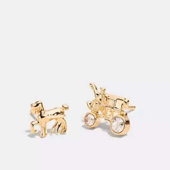 Coach pave gold plated Horse And Carriage CZ crystal Stud Earrings new - Picture 4 of 4